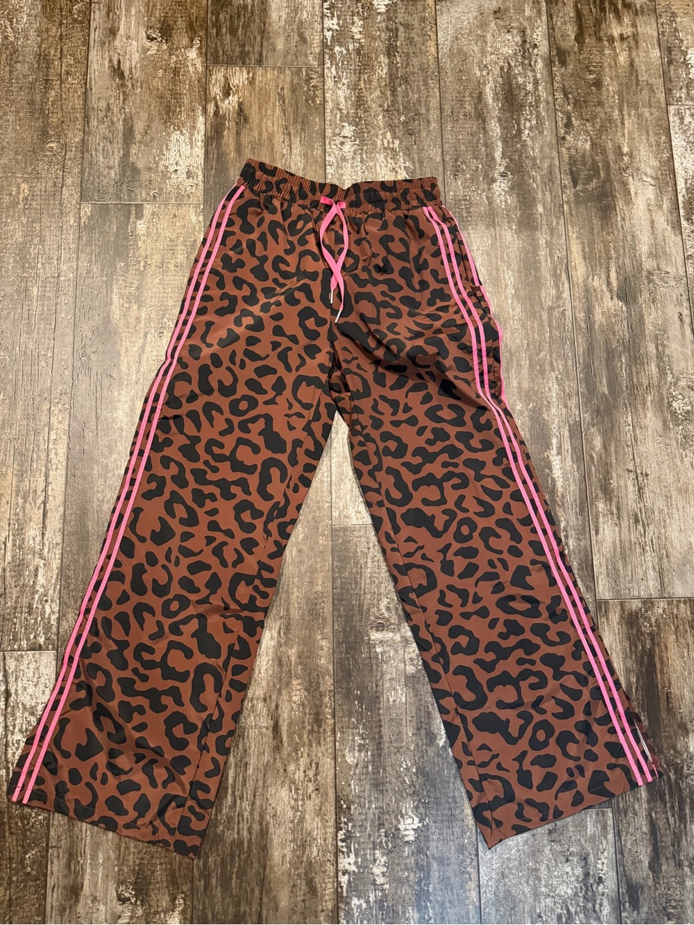 Women’s  Brown Leopard Print Track Pants with Pink Stripe